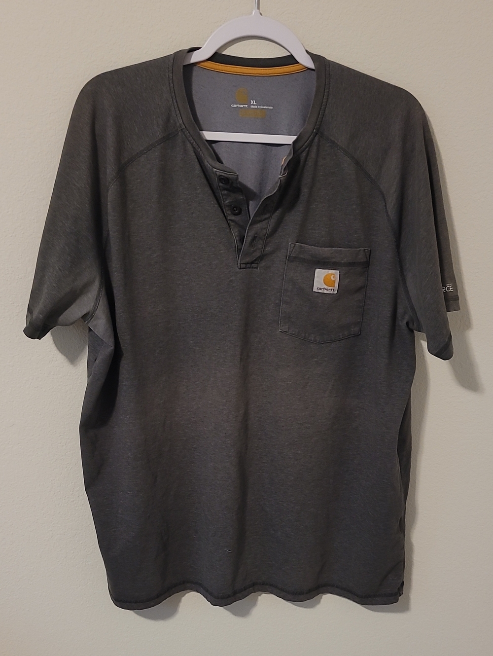 Carhartt Gray Short-Sleeve Henley with Chest Pocket and Gold Trim
